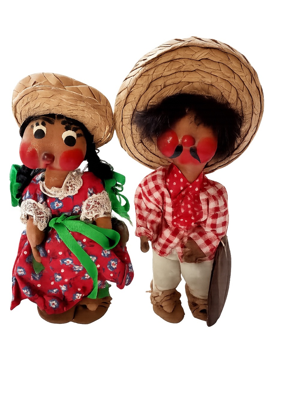 Handcrafted Folk Doll Pair - Red Floral Dress & Red Plaid Shirt